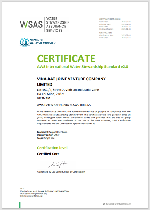 The Alliance for Water Stewardship (AWS) certification