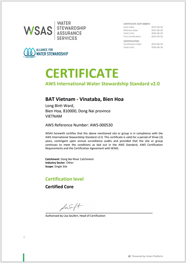  AWS certificate for BAT-Vinataba joint venture factory in Dong Nai