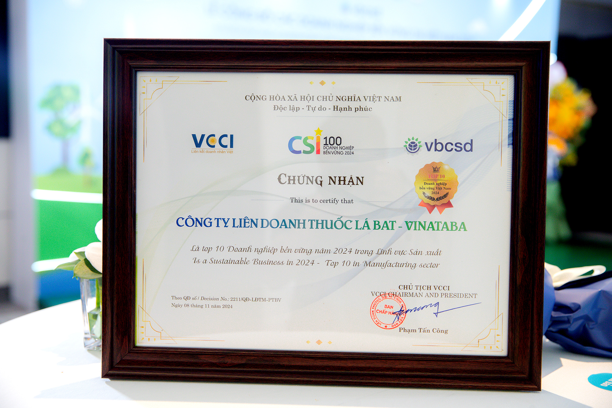 BAT Vietnam top 10 most sustainable businesses in Vietnam 2024 certificate