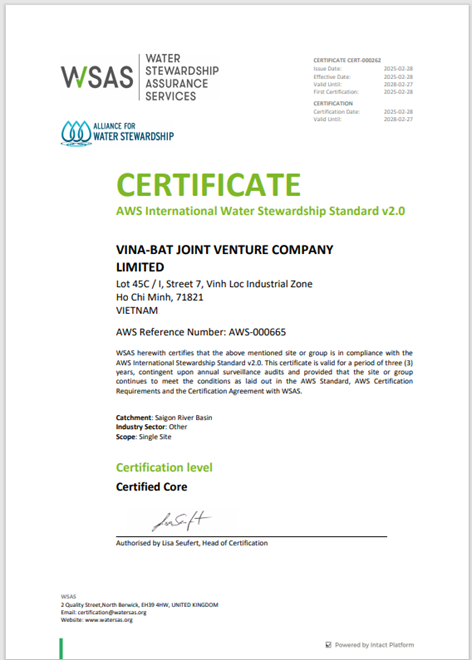 The Alliance for Water Stewardship (AWS) certification